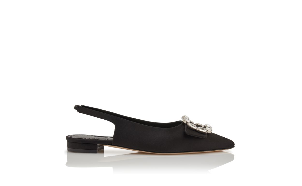 Zapatos planos de satín negro con hebilla de cristal y correa elástica