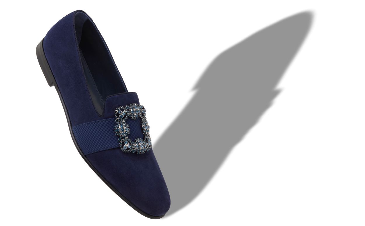 Zapatillas de cuero de cabrito azul marino con hebilla decorada