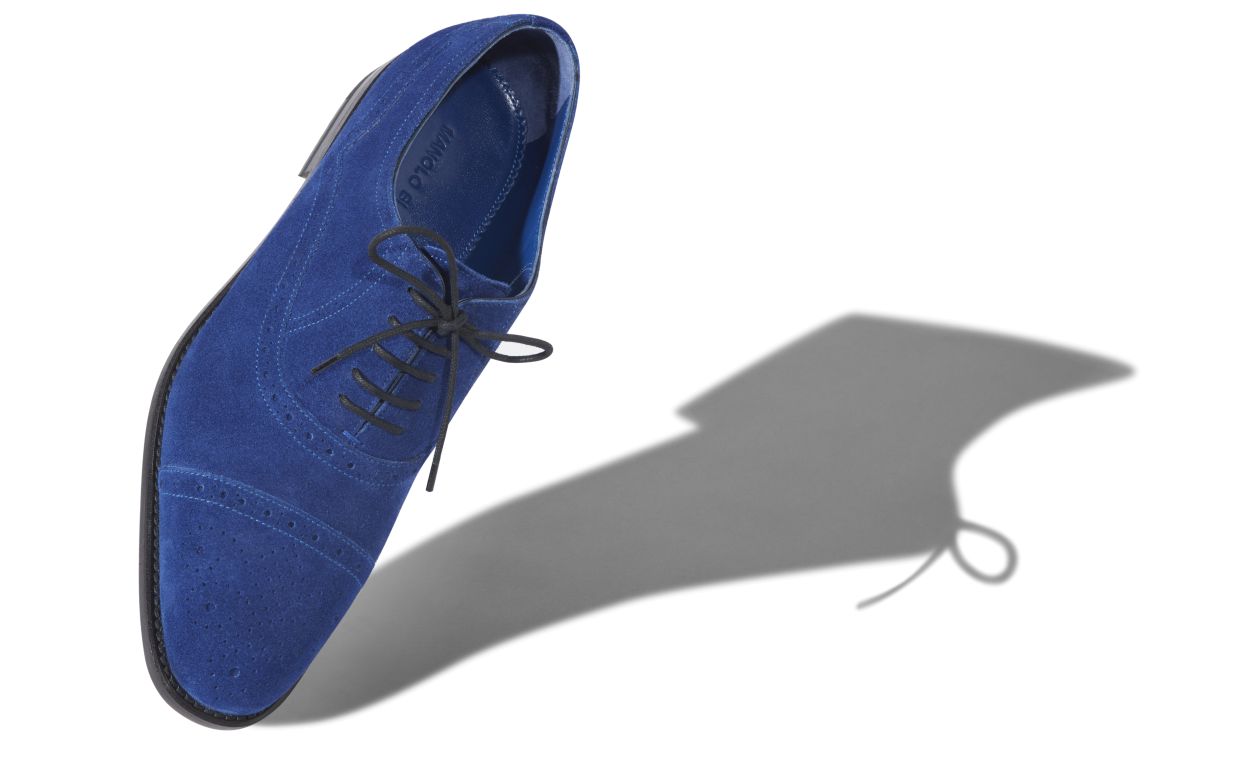 Oxfords de cuero de cabrito azul brillante con punta redonda