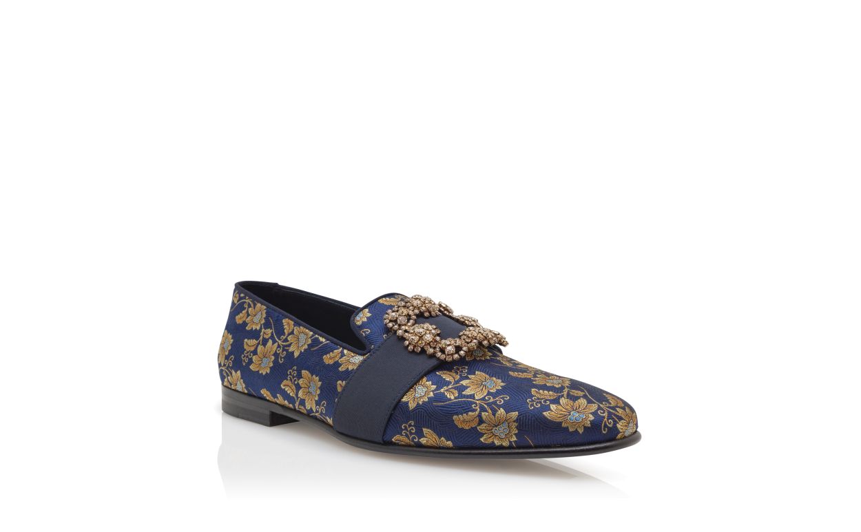 Zapatillas de cuero con hebilla de joya de seda floral azul marino