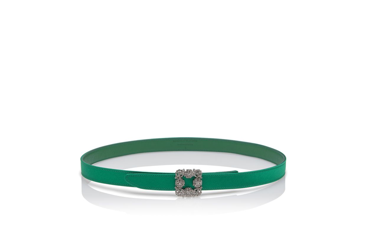 Cinturón de satín verde con hebilla de cristal
