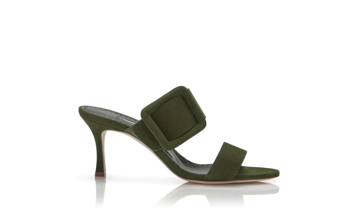 Mules de Piel Sintética Verde Oliva Oscuro con Punta Abierta