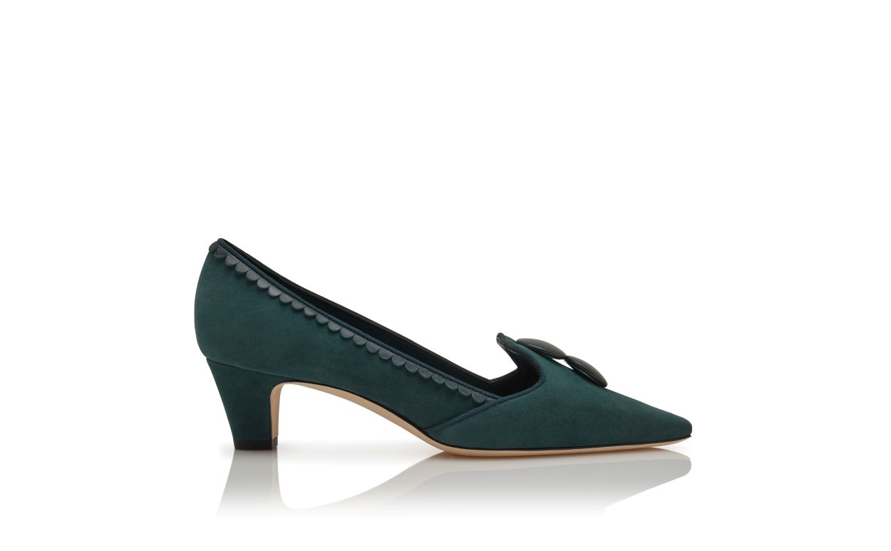 Zapatillas de Piel de Cabrito Verde Oscuro con Detalle de Botón