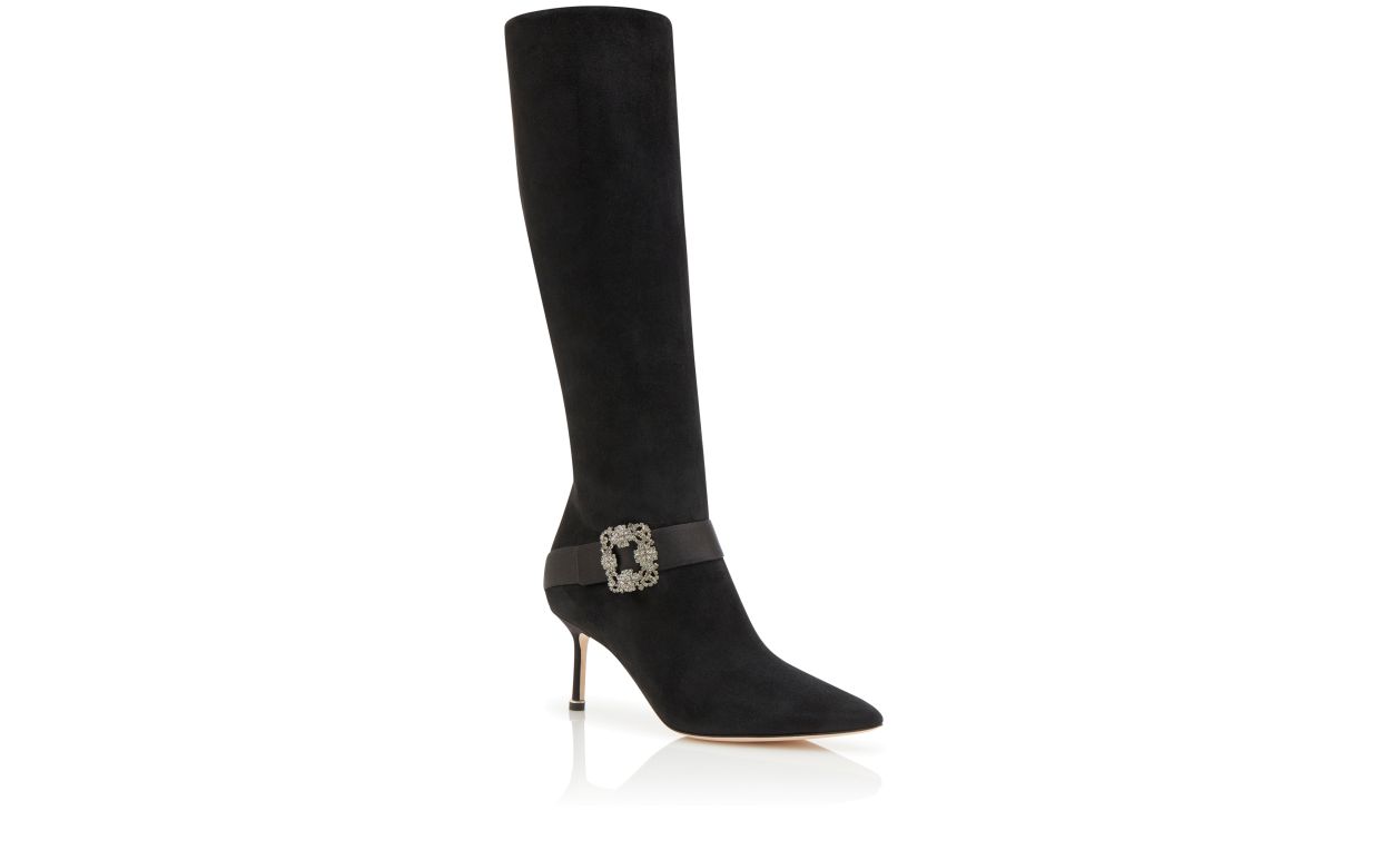 Botas altas hasta la rodilla de ante negro con hebilla de joya