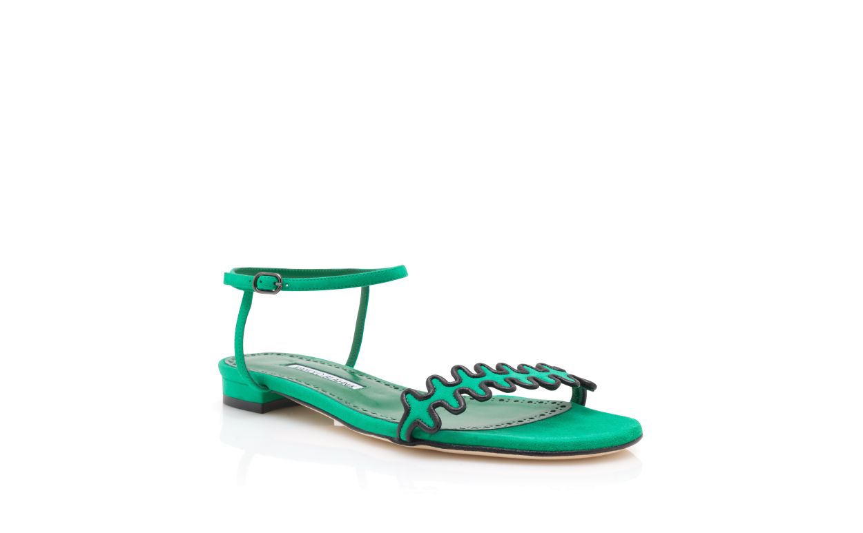 Sandalias planas de ante verde con tirante para el tobillo
