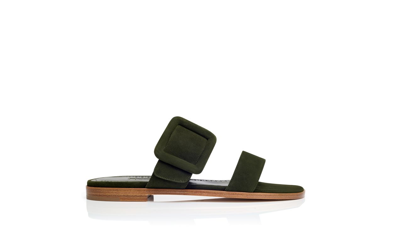 Sandalias planas de ante verde oscuro
