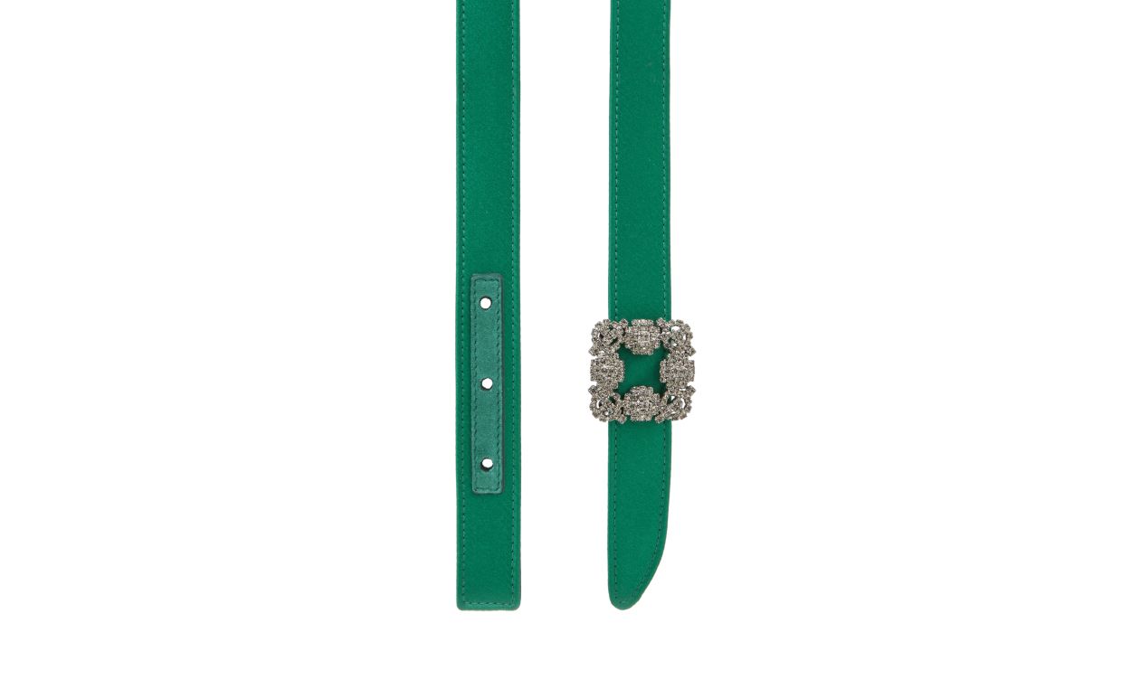 Cinturón de satín verde con hebilla de cristal