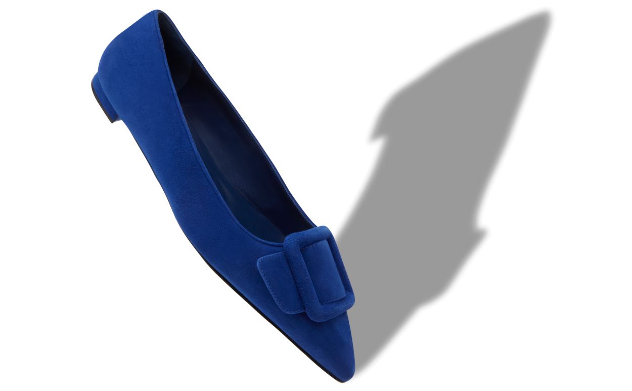Zapatillas planas de cuero azul con hebilla