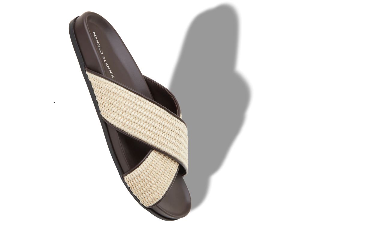 Sandalias planas de rafia marrón y crema