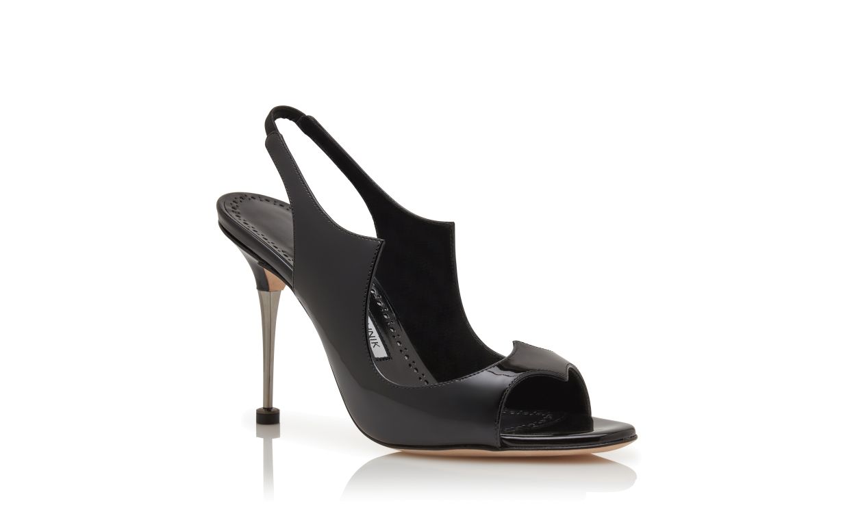 Sandalias de cuero brillante negro con correa trasera elástica