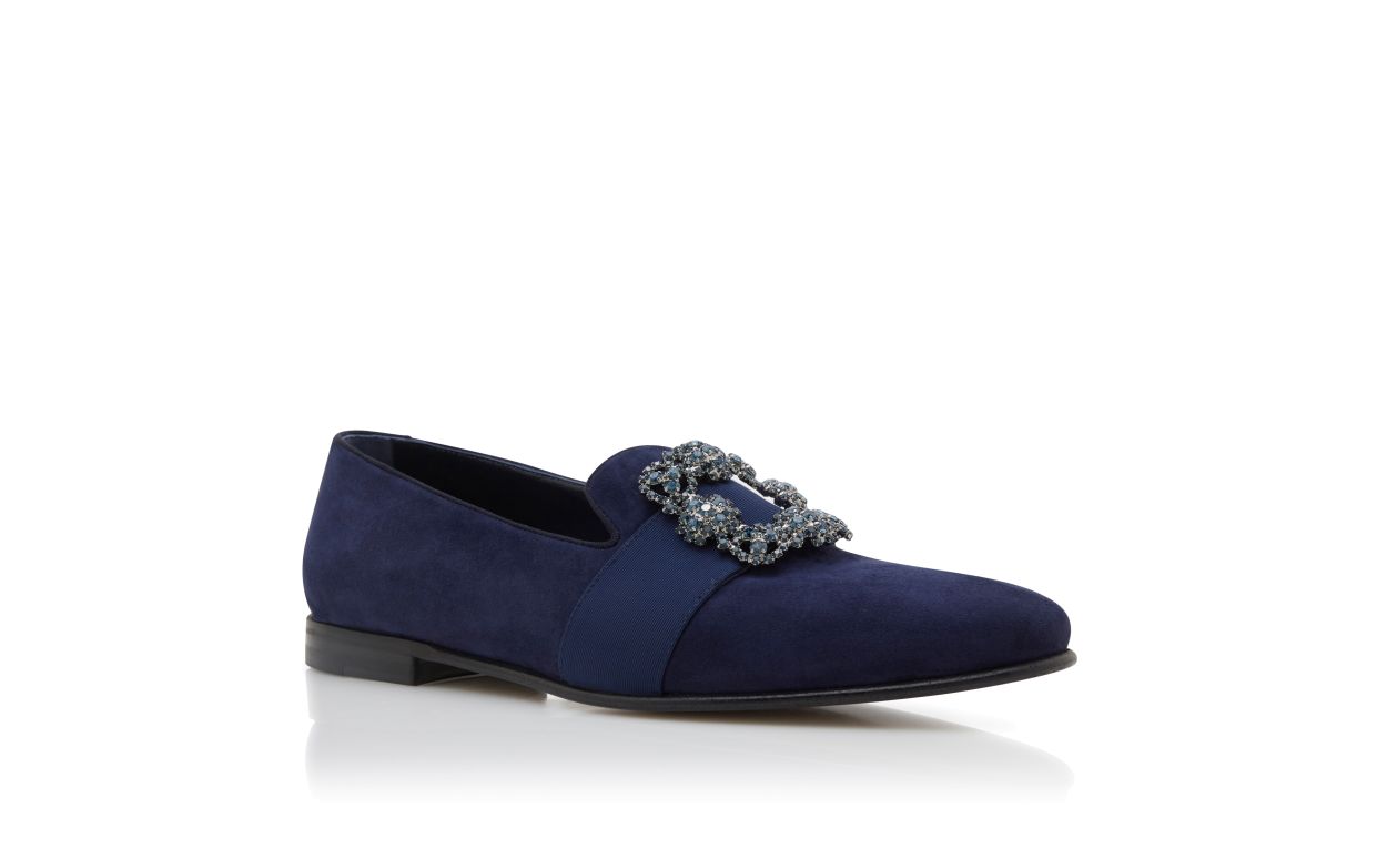 Zapatillas de cuero de cabrito azul marino con hebilla decorada