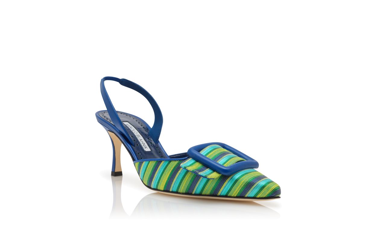 Zapatos de punta puntiaguda de algodón azul y verde con hebilla