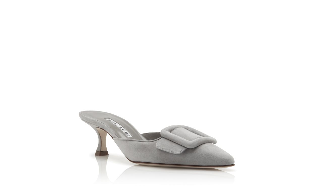 Mocasines de Piel de Cabrito Gris Claro con Tacón de Gato