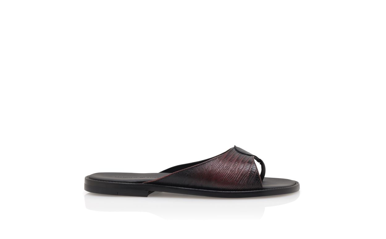 Sandalias de cuero de vitela rojo oscuro con estampado de lagarto