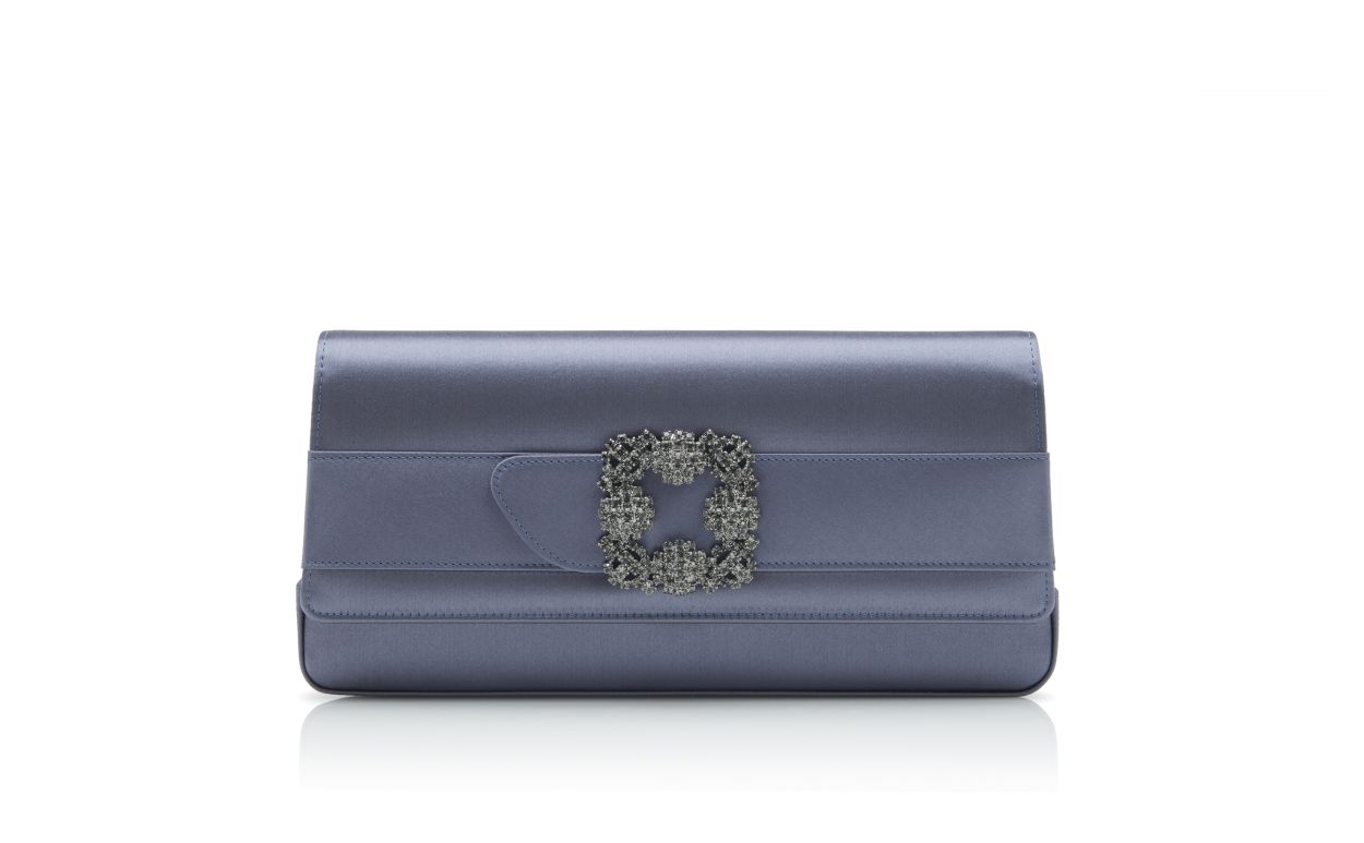 Bolso de mano rectangular de satén gris con hebilla de joya