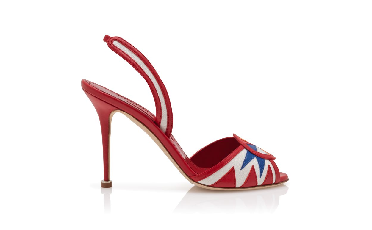 Sandalias de cuero napa rojo, blanco y azul con tirador