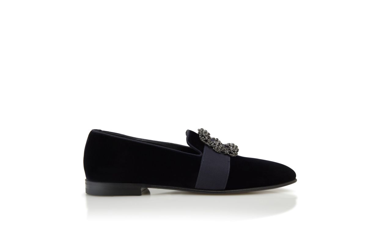 Zapatillas de cuero con hebilla de cristal de terciopelo azul oscuro