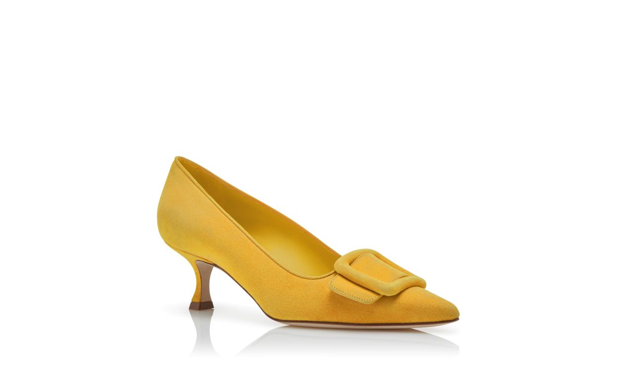 Zapatos de tacón de cuero de cabrito amarillo con hebilla