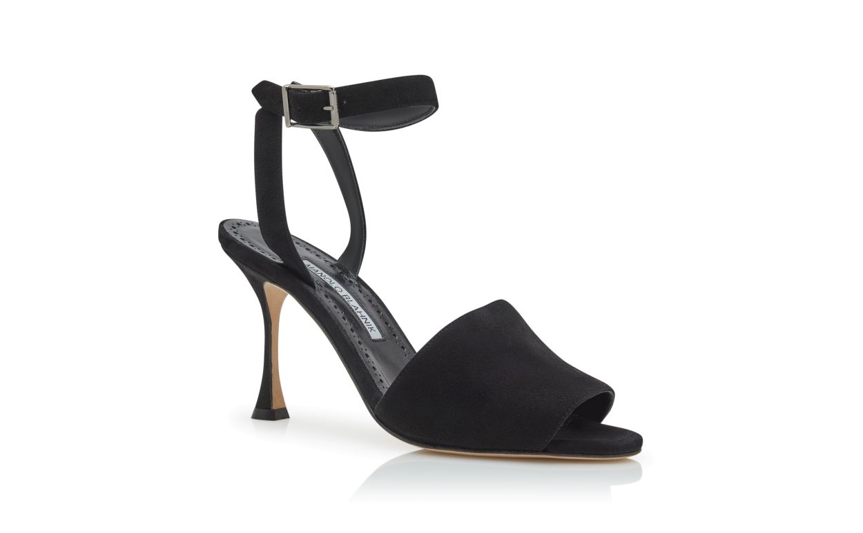 Sandalias de cuero de cabrito negro con tirador para tobillo