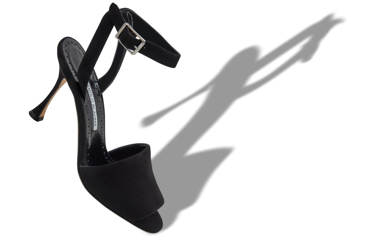 Sandalias de cuero de cabrito negro con tirador para tobillo