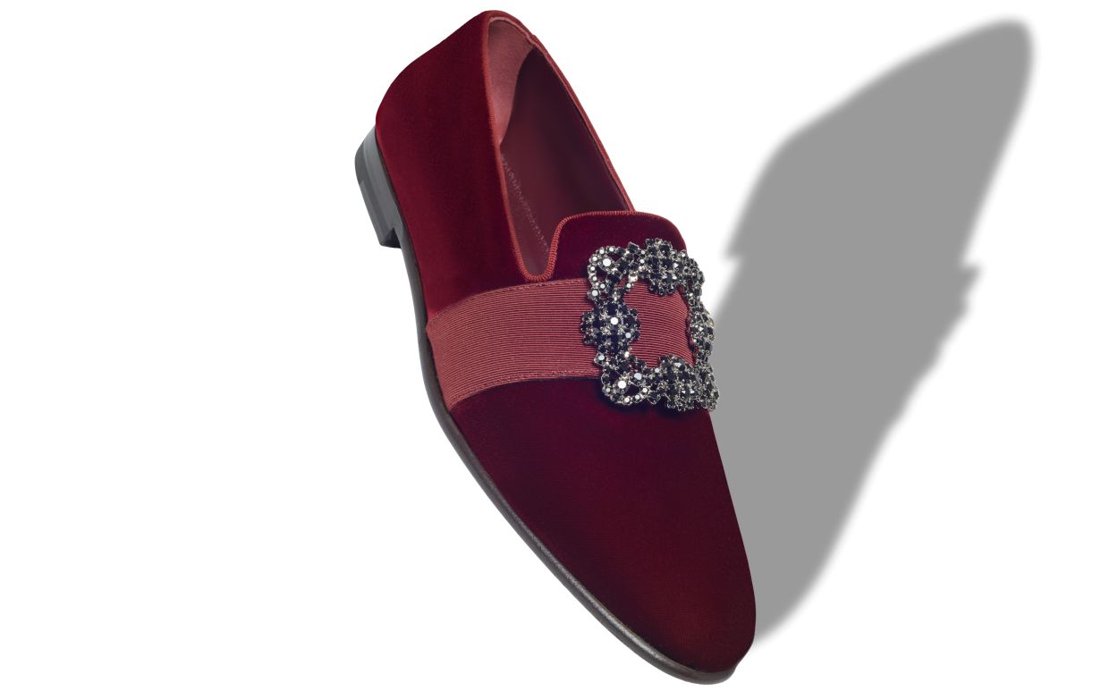 Zapatillas de cuero con hebilla de joya rojo oscuro