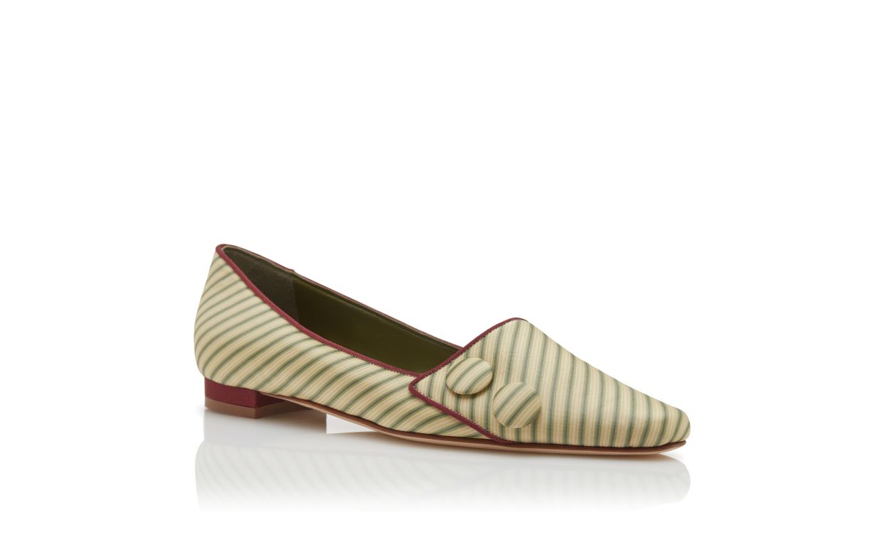Zapatillas planas de seda verde y beige con rayas