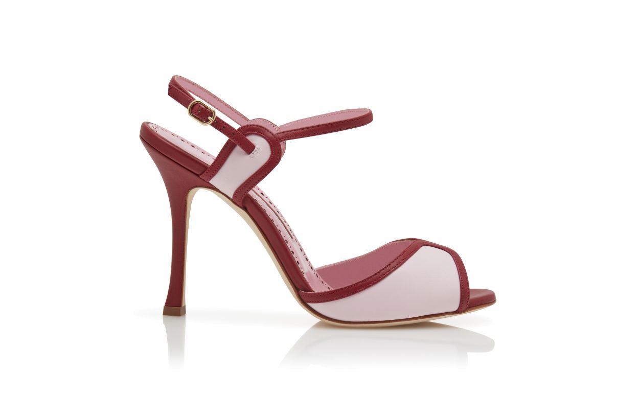 Sandalias de cuero napa rojo y rosa con tirante para tobillo