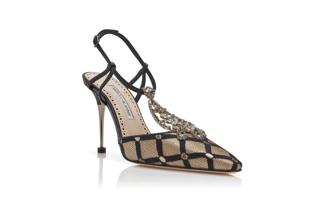 Zapatillas de punta en forma de almendra con malla beige claro y negro y cintas T