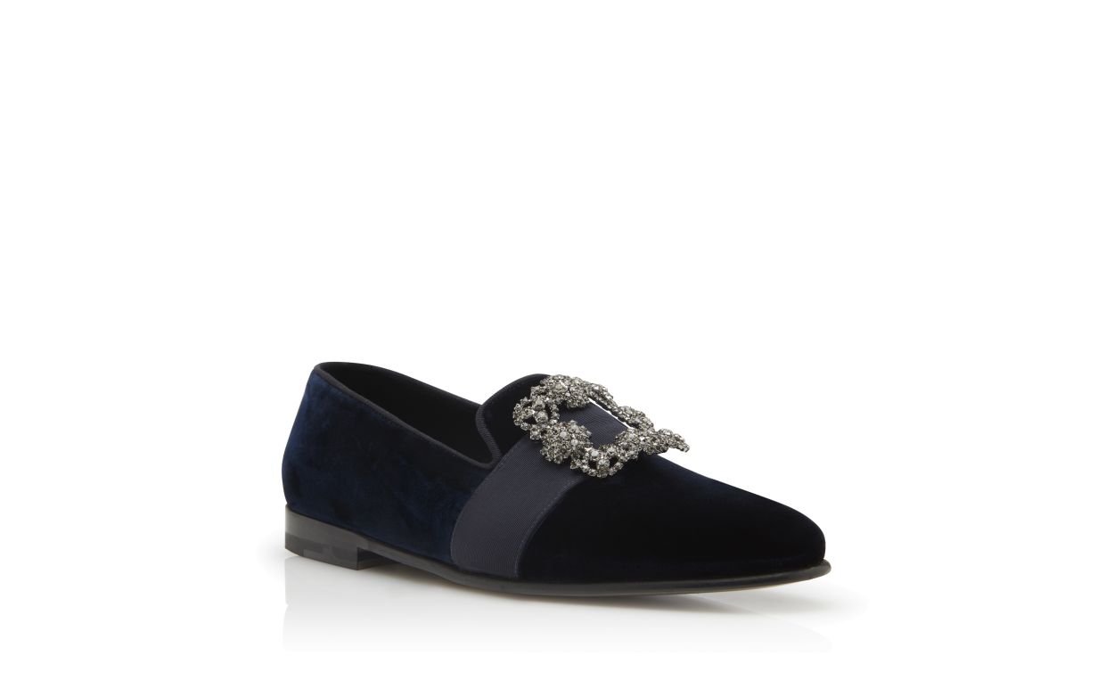 Zapatillas de vestir con hebilla de cristal de terciopelo azul marino