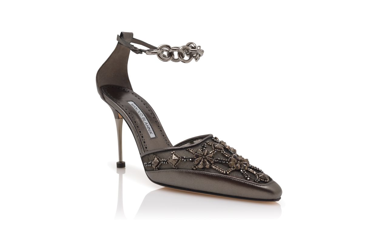 Zapatos de tacón con tobillera de cuero napa grafito y adornos de joyas