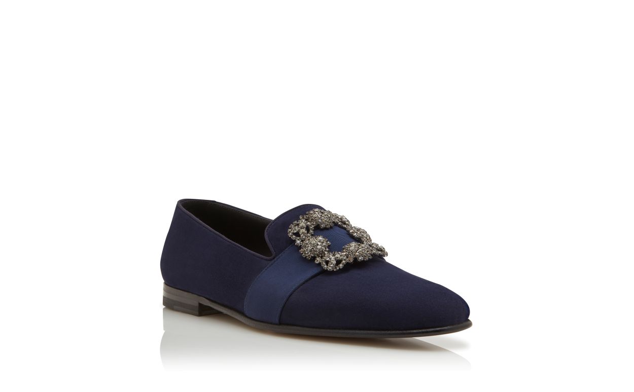 Zapatillas de cuero de cabritilla azul marino con hebilla de joya