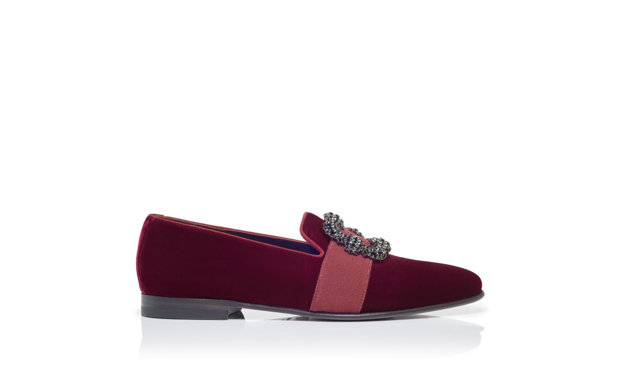 Zapatillas de cuero con hebilla de joya rojo oscuro