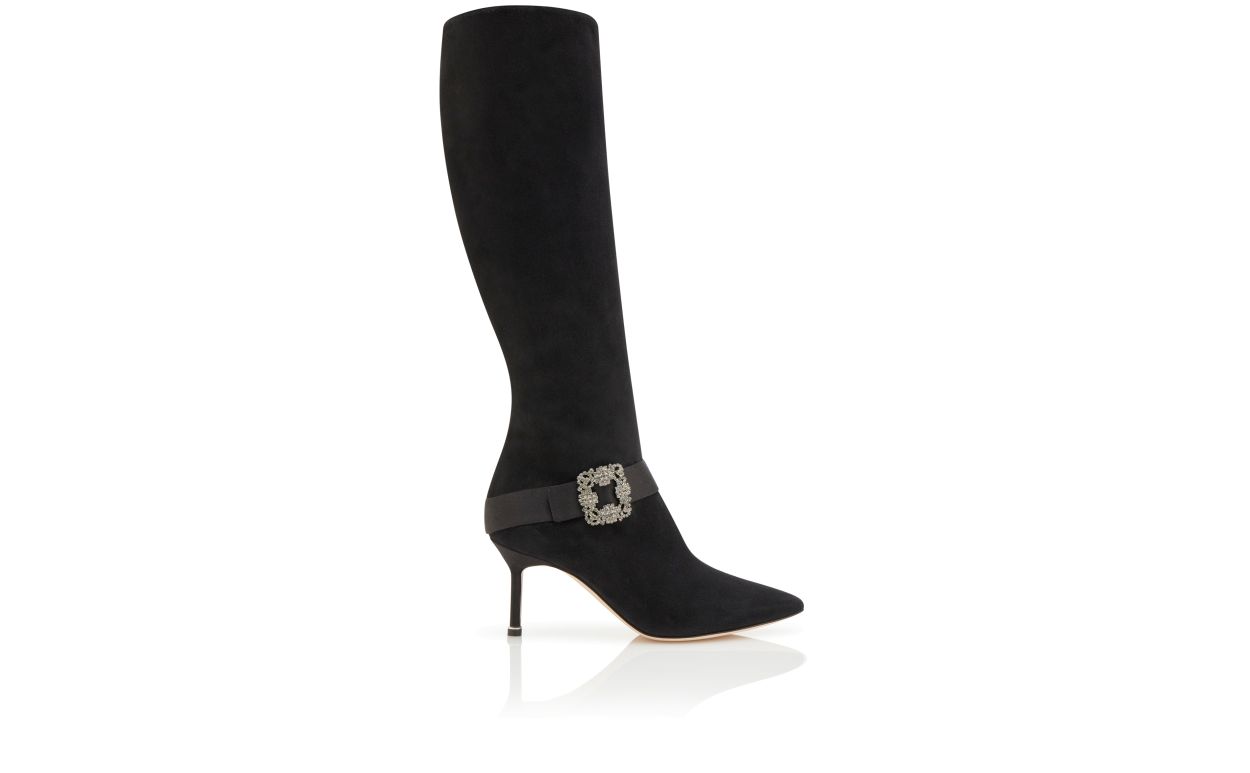 Botas altas hasta la rodilla de ante negro con hebilla de joya