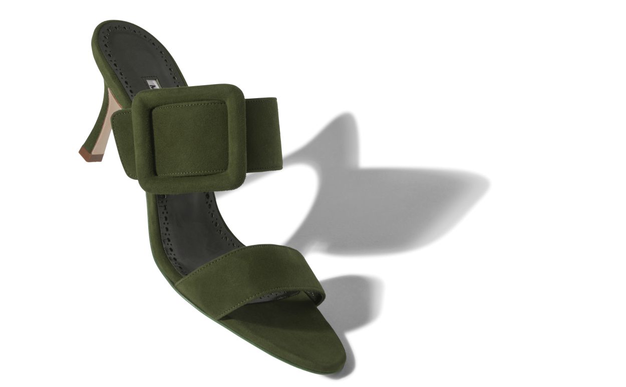 Mules de Piel Sintética Verde Oliva Oscuro con Punta Abierta