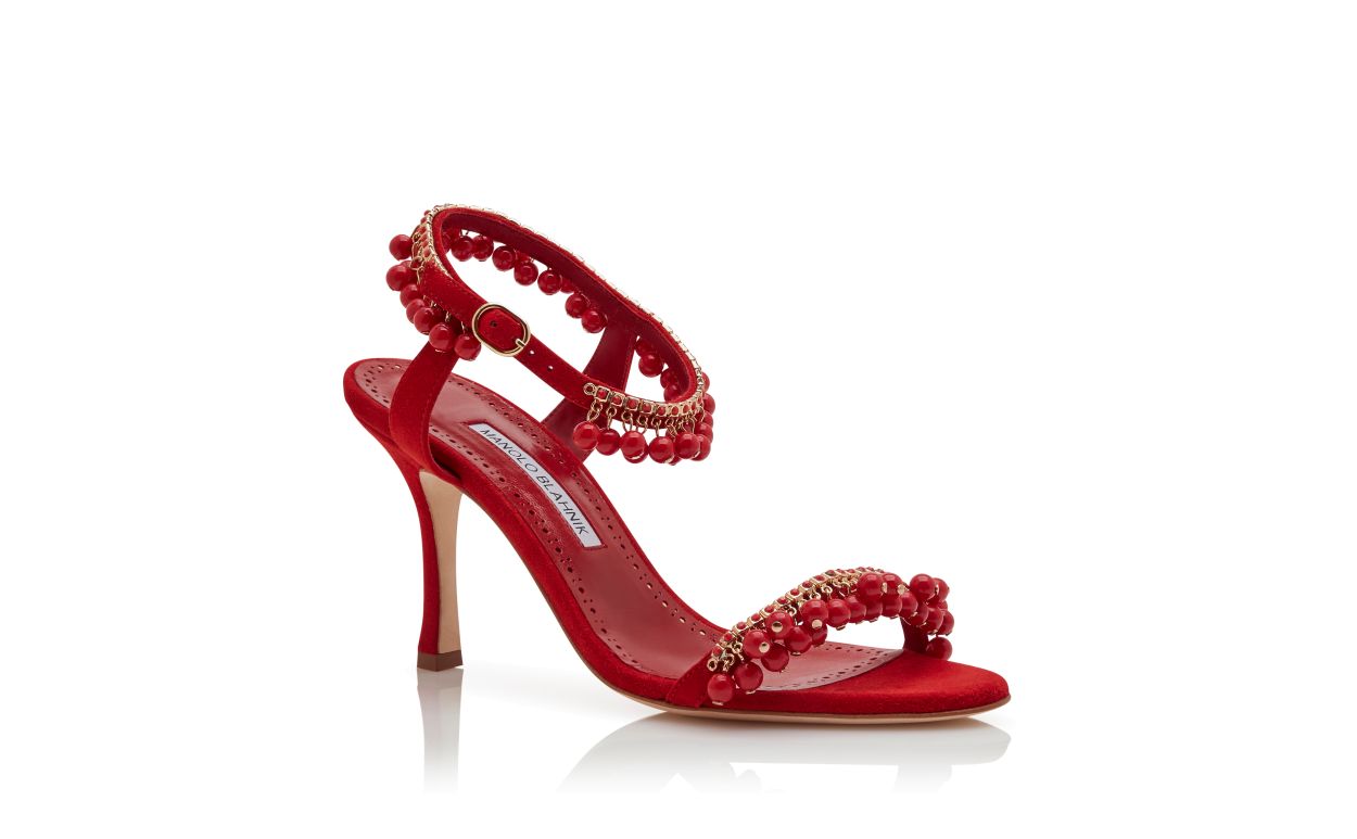 Sandalias de ante rojo con adornos de joyas